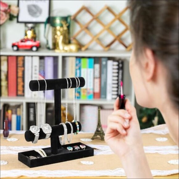 Black Velvet Jewelry Organizer Stand with Tray for Necklaces Bracelets - Picture 2 of 5